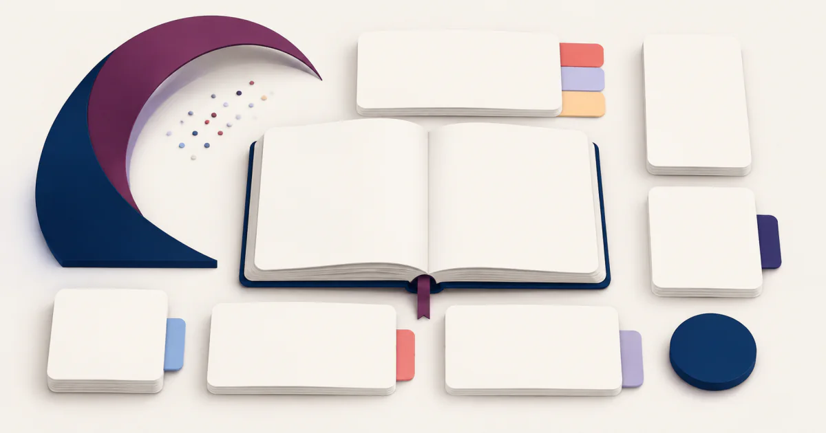 Açık kitap ve düzenli bilgi kartlarından oluşan soyut editoryal kompozisyon